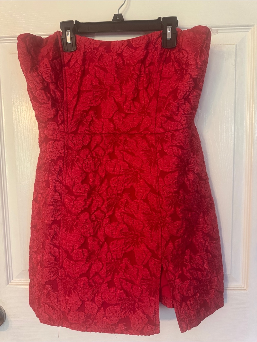 Oh Polly Strapless Red Floral Jacquard Mini Dress